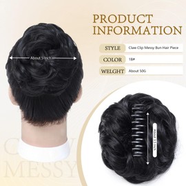 Cesomeey Messy Bun Hair Piece, Wavy Curly Claw Clip Messy Bun Hair Clip, Synthetic Fake Messy Bun Hair Extensions, Soft Claw Clip Ponytail Hairpieces for Women (1B#-Black, 1 Count (Pack of 1))