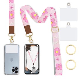 Lfpkixise Phone Lanyard Wrist Strap Crossbody Adjustable, Cell Phone Lanyard for Around The Neck Shoulder Wristlet Strap, Pink Flowers, Long