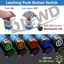 DMWD 5Pcs 19mm Metal Latching Push Button Switch Waterproof 12V-24V 1NO 1NC ON-Off with Pigtail for 3/4" Mounting Hole Power Symbol Blue LED