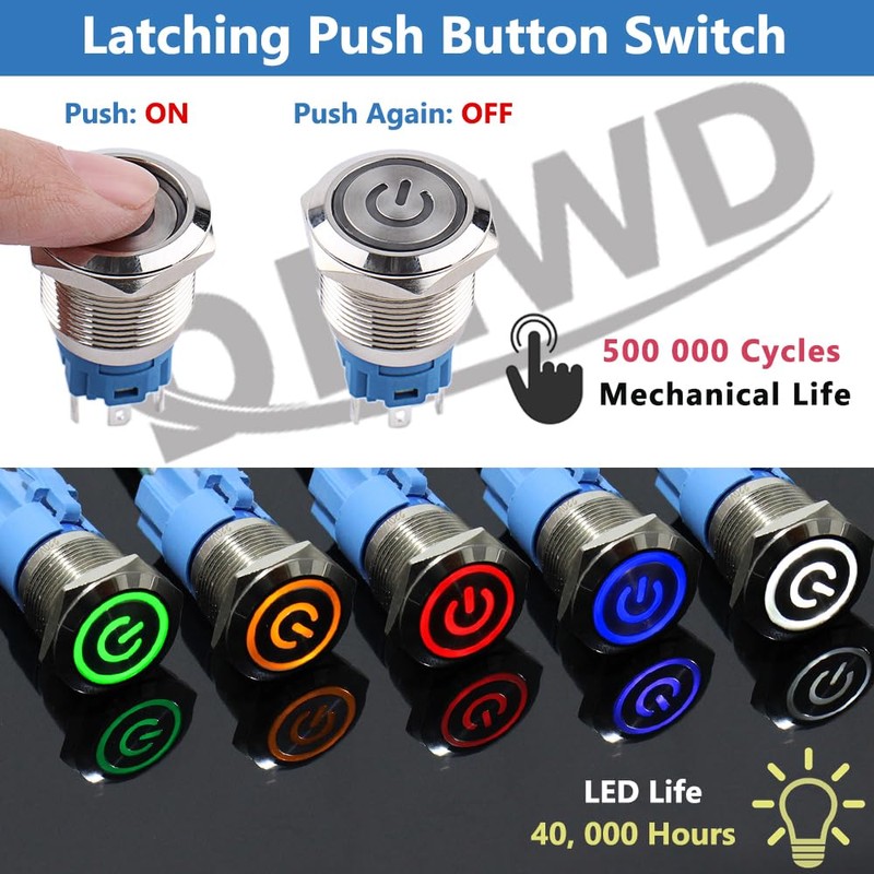 DMWD 5Pcs 19mm Metal Latching Push Button Switch Waterproof 12V-24V