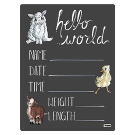 Cohas Hello World Newborn Baby Announcement Chalkboard Sign with Barnyard Animal Theme, 12 by 16 Inches, No Marker