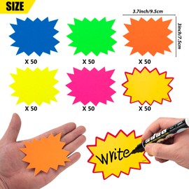 RSXING 300 Pcs Starburst Signs Fluorescent Price Signs, Blank Star Shape Signs Price Eye-catching, Retail Store Price Label Garage Sale Supplies Tags for Party Favors