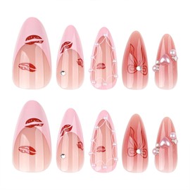 SINHOT Almond Press on Nails Medium - Red Bowknot&Lips Fake Nails Glossy Glue on Nails White Pearls Nails Pink French Tip Stiletto Artificial Nails Stick on False Nails with Design DIY 24 pcs