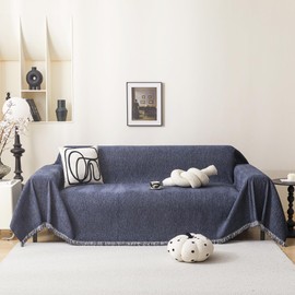 MEETSKY Washable Sofa Cover Navy Blue Sectional Couch Covers for 2 Cushion Couch Sofa Thick Universal Chenille Sofa Covers with Tassel Furniture Protector for Dogs, 71"x 102"