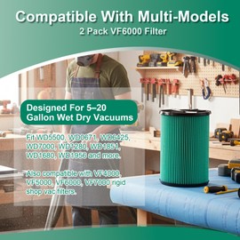 VF6000 HEPA Filter 2-Pack Compatible with Ridgid 5-20 Gallon Vacuums