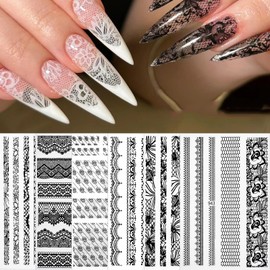 White Lace Nail Stickers, 3D Self-Adhesive Wedding Nail Art Sticker Decal for Women, Bridal Nail Art (Black)