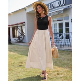 Zattcas Summer Dresses for Women 2025 Sleeveless Tank Top Patchwork Knit Crew Neck A Line Flowy Modest Business Casual Work Teacher Church Long Maxi Dress with Pockets Black Apricot S