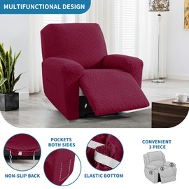 ZNSAYOTX Recliner Chair Covers (24"-37") New 3-Piece, Stretch Fashion Recliner Slipcovers with Elastic Bottom & Ties Stay in Place, Lazy Boy Reclining Rocker Cover Soft Cozy Washable (Small, Wine Red)