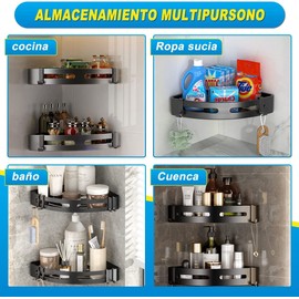 WELIKERA Estante Baño Sin Taladro, 3 Piezas Rinconera Organizador para Baño, Repisa De Baño Pared, Estantería de Esquina para Baño Inoxidable,con 6 Ganchos (Negro)