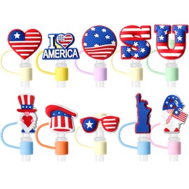 10PCS 4th of July Decorations Straw Cover Cap 10mm American Flag Silicone Straw Topper for Tumblers Dust-Proof Drinking Straw Reusable Straw Tip Cover