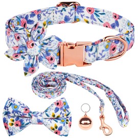 AUAUY Dog Collar and Leash Set, Release Adjustable and Comfortable Collar, Flower Girl Floral Pattern Engraved Pet Collars with Beautiful Bowtie and Little Bell for Small Medium Large Dogs(Blue S)
