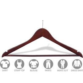 Wood Security Suit Hanger w/Solid Wood Bar & Anti-Theft Nail Hook, (Box of 50) Space Saving 17 Inch Flat Wooden Hangers w/Walnut Finish & Notches by The Great American Hanger Company