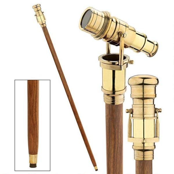 5MOONSUN5's Vintage Brass Handle Victorian Telescope Head Foldable Steampunk Accessories Wooden Walking Stick Cane for Men and Women (Brass Finish)