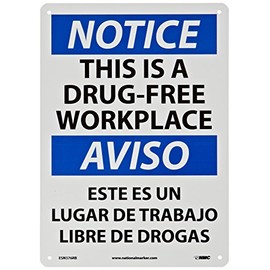NMC ESN376RB Bilingual OSHA Sign, Legend "NOTICE - THIS IS A DRUG-FREE WORKPLACE", 14" Length x 10" Height, Rigid Plastic, Black/Blue on White