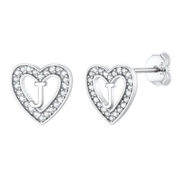 SILVERCUTE J Earrings 925 Silver Stud Sterling SIlver CZ Diamond Heart Letter Earrings for Women