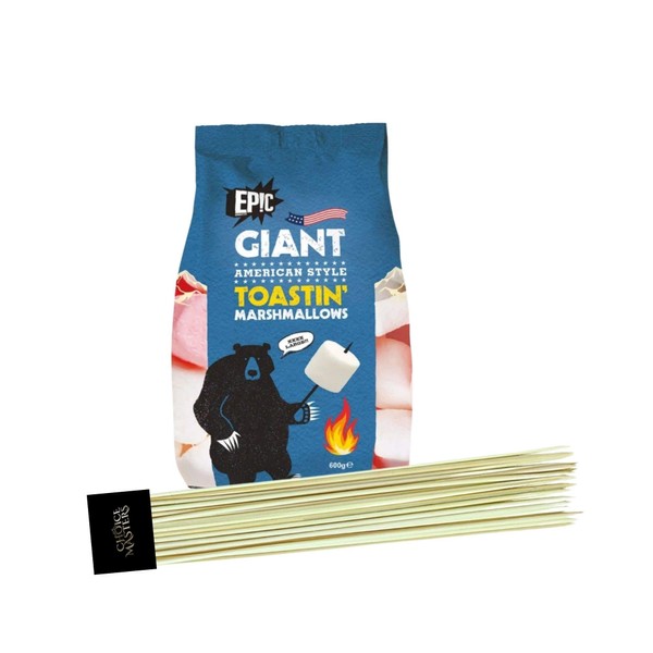 Giant American Marshmallow Toasting Kit - Contains Giant Epic Toasting/Roasting Smores Marshmallows 500g &10inch Bamboo Barbecue Skewers(80)