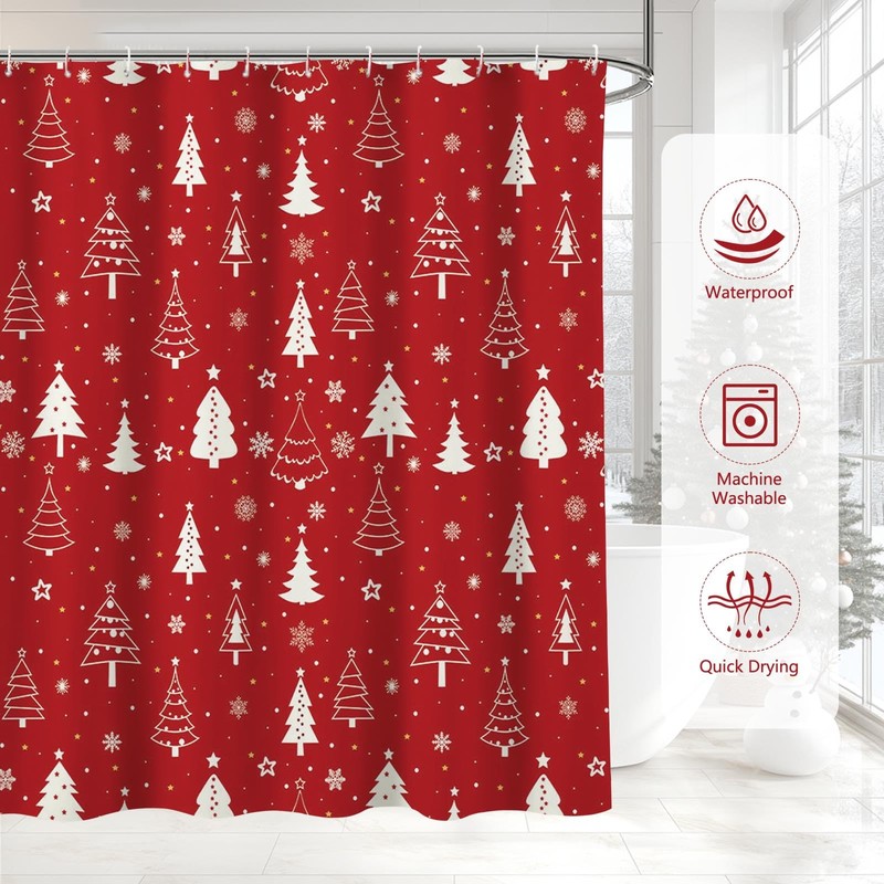 AIBIIN Red Christmas Shower Curtain Xmas Tree Snowflakes Bath Curtains