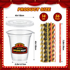 Boao 36 Sets Movie Night Party Cups with Lids and Paper Straws 14 oz Movie Night Birthday Party Supplies Favors Movie Night Disposable Clear Plastic Cups Bulk