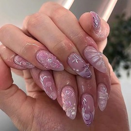 Almond Press on Nails Medium Fake Nails Purple False Nails with 3D Flower Design Glossy Glue on Nails Pearl Full Cover Stick on Nails Ombre Pink Acrylic Nails for Women Manicure 24Pcs