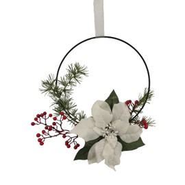 2474U Dekoring White Christmas White / Red Lifelike Flowers in Metal Ring Diameter Approx. 33 cm with Organza Ribbon for Hanging Arrangement Christmas Star White Berries Red Cedar Fir