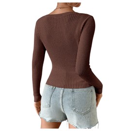 SHENHE Women's Ribbed Knit Button Down V Neck Lightweight Cropped Cardigan Sweater Coffe Brown S