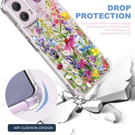 Solanaluna Design for Moto G Power 2024 Case: Clear with Design Soft TPU Four Corners Against Falls Shock Absorption Slim Embossed Pattern Protective Back Cover（Wildflowers 03）
