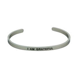 Buddha Groove Personal Affirmation I Am Grateful Engraved Stainless Steel Adjustable Cuff Bracelet | 4 mm Wide with Open Design for Women