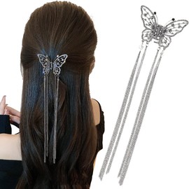 Crystal Rhinestone Metal Pearl butterfly Hair Claw Clip with Tassel - Fashion Hair Accessory for Women and Girls (Silver Gray, One Size)