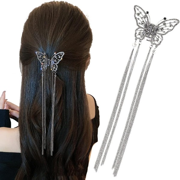Crystal Rhinestone Metal Pearl butterfly Hair Claw Clip with Tassel