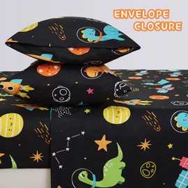 Yibeizi Space Dinosaur Full Size Sheet Set for Boys, Kids Cute Planet Printed Microfiber Bedsheet Deep Pocket Bedding Sheets & Pillowcases 4 Pieces