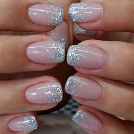 Virellay Glossy False Nails Short (Silver Glitter Ombre, Pack of 24)