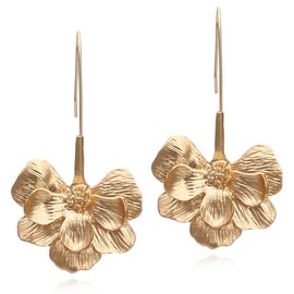 Elegant Bohemian 14k Gold Flower Floral Dangle Drop Earrings Cute Hypoallergenic Golden Hawaiian Flower Petal Earrings for Women Statement Jewelry Gifts (Gold)