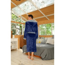 U2SKIIN Mens Fleece Hooded Robe Plush Bathrobe (Navy/Light Grey, S/M)