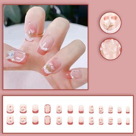 ALLEVG Nail Tips, 24 Pieces, Nail Tips, Short, Autumn, Winter, Popular, Cute, Simple, Stylish, Coming of Age Ceremonies, School Entrance Ceremonies, Graduation Ceremonies, Weddings, Parties, Daily