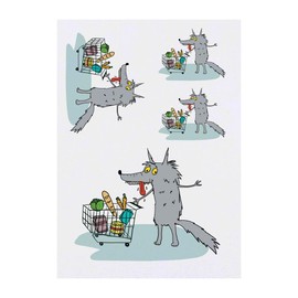4 x 'Hungry Wolf Goes To The Supermarket' Temporary Tattoos - Water Resistant, Skin-Safe, Non-Toxic Transfers, Mixed Sizes (TO00075410)