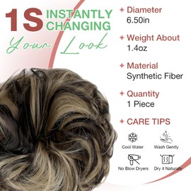Felendy Messy Bun Hair Piece Wavy Curly Scrunchies Fluffy Donut Thick Updo Elegant Chignon Hairpieces for Women Girls, Dark Brown Mix Ash Blonde 1.4oz