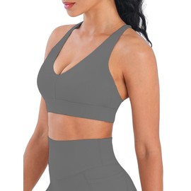Sunzel V Neck Strappy Sports Bras for Women Criss Cross Back Halter Yoga Bra Removable Cups Padded Workout Running Gym Tops Charcoal Gray X-Large
