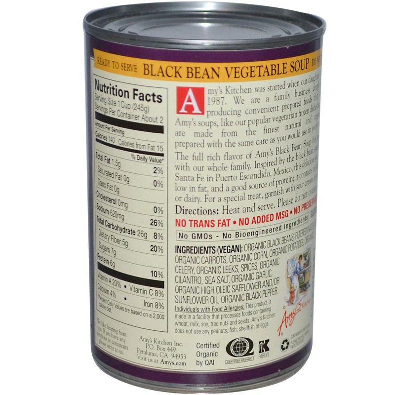Amys, Organic Black Bean Vegetable Soup, 14.5 Ounce