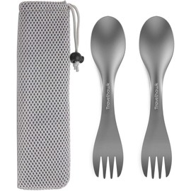 Travelhawk Spork - Camping Besteck aus Titan, Göffel Multifunktional 2 in 1 Reisebesteck, Löffel und Gabeln Outdoor, Reisebesteck mit Etui, Esslöffel für Picknick, Wandern, Camping - 2 Stück