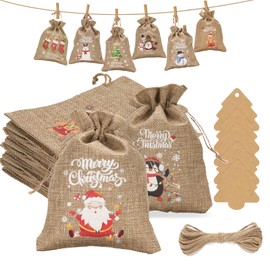 G2PLUS Pack of 24 Advent Calendar Jute Bags, 10 x 15 cm Christmas Jute Bags, Gifts Jute Bag with Tree Pendant, Christmas Gift Bags for Advent Calendar, Christmas Tree Decoration