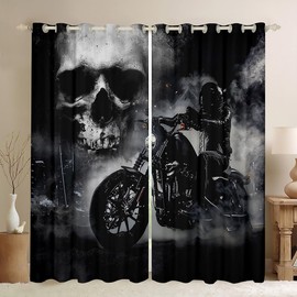 Homewish Black Motorcycle Rider Window Curtain Gray Skull and Mist Decor Window Drapes Extreme Sport for Boys Teens Men Lightweight Microfiber Polyester for Dorm Bedroom and Living Room, 84Wx63L inch
