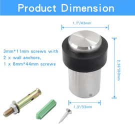 Luomorgo 1 Pack Floor Door Stop, Cylindrical Floor Mounted Door Stoppers, Stainless Steel Door Stopper Brushed Nickel Doorstop with Rubber Bumper Wall Protector, 2-3/8" Height