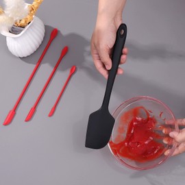 PRAUSY - Juego de espátulas de silicona con resistente al calor de 315 °C, sin costuras y 4 piezas de la serie grande, espátula pequeña/mini espátula, cuchara y espátula para frascos, juego de utensilios de cocina (negro)