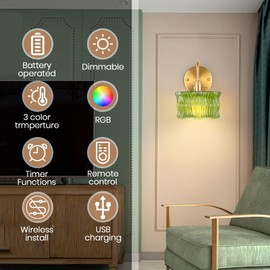 Rnzziw Vintage Battery Operated Wall Sconce Set of 2, Wireless Wall Sconces with Green Ripple Glass Lampshade Rechargeable,Wall Lights with 12 Colors RGB for Bedroom, Living Room (Green Ripple)