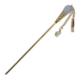 Hair Stick, Artisan Blue Lace Agate Genuine Gemstone+ Gold Colored 5.5" Hairstick with Genuine Austrian Crystal x1pc