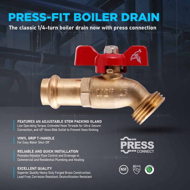 Midline Valve 12CECUS-OM Quarter Turn Boiler Drain Valve; 1/2'' Press