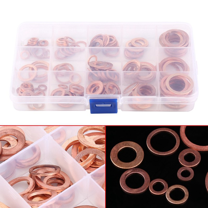 150pcs Metric 15 Sizes Copper Flat Washers Gaskets Assortment Set