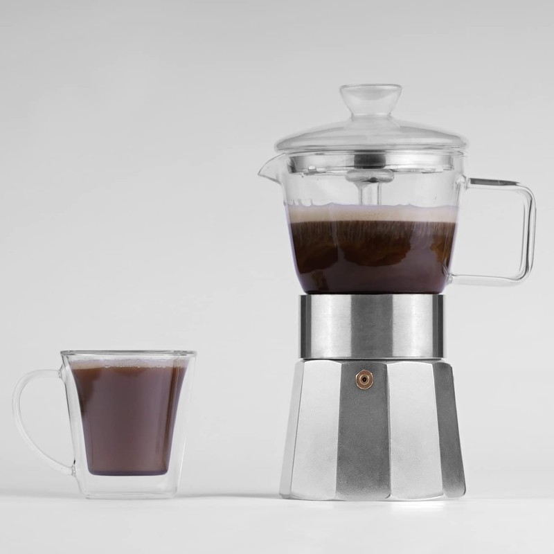 SIXAQUAE Moka Stovetop Espresso Maker,Crystal Glass-top & Aluminum Espresso Moka