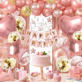 Sythrix Rose Gold Birthday Decorations for Women 68 Pcs Party Decorations, Happy Birthday Banner, Confetti Balloons, Fringe Curtain, Heart Star Foil Balloons, Hanging Swirls for Birthday Party