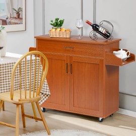 COSTWAY Kitchen Island Cart, Rolling Storage Trolley Cart with Lockable Rubber Wheels, Large Cabinet, Drawer, Spice Rack and Towel Rack, Kitchen Serving Utility, 3-Position Adjustable Shelf (Cherry)